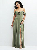 Front View Thumbnail - Sage Chiffon Corset Maxi Dress with Removable Off-the-Shoulder Swags