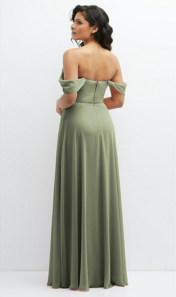 Back View - Sage Chiffon Corset Maxi Dress with Removable Off-the-Shoulder Swags