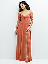 Front View Thumbnail - Terracotta Copper Chiffon Corset Maxi Dress with Removable Off-the-Shoulder Swags