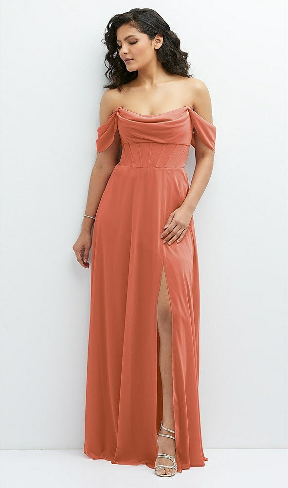 Front View - Terracotta Copper Chiffon Corset Maxi Dress with Removable Off-the-Shoulder Swags