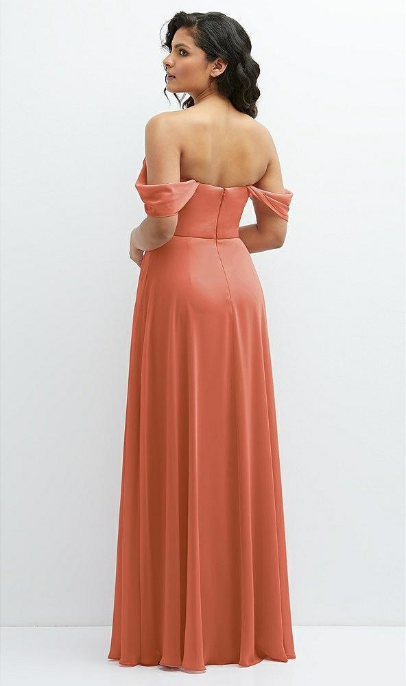 Back View - Terracotta Copper Chiffon Corset Maxi Dress with Removable Off-the-Shoulder Swags