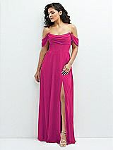 Front View Thumbnail - Think Pink Chiffon Corset Maxi Dress with Removable Off-the-Shoulder Swags
