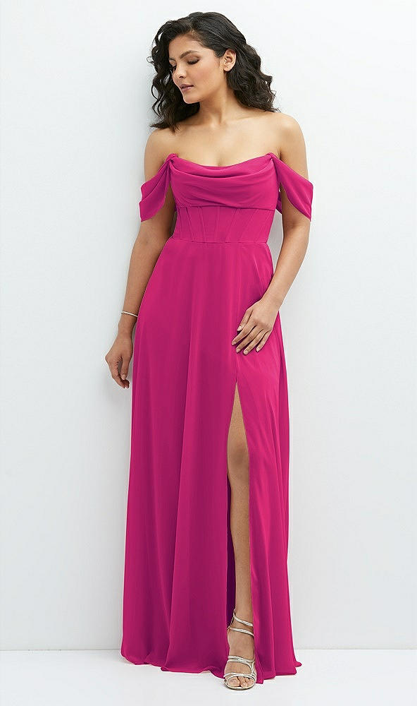 Front View - Think Pink Chiffon Corset Maxi Dress with Removable Off-the-Shoulder Swags