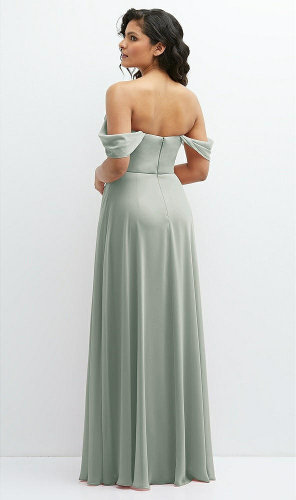 Back View - Willow Green Chiffon Corset Maxi Dress with Removable Off-the-Shoulder Swags