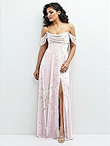 Front View Thumbnail - Watercolor Print Chiffon Corset Maxi Dress with Removable Off-the-Shoulder Swags