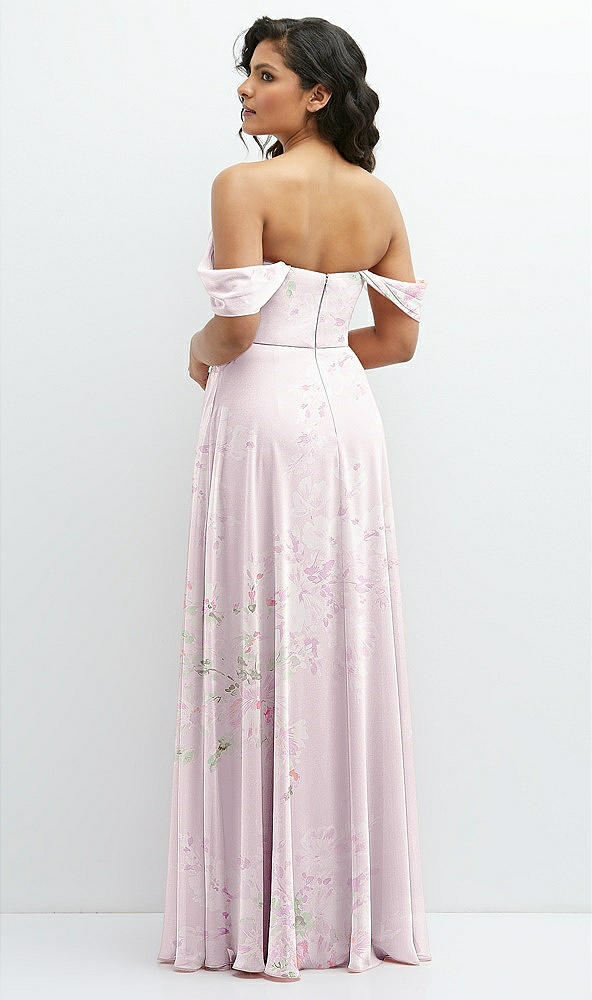 Back View - Watercolor Print Chiffon Corset Maxi Dress with Removable Off-the-Shoulder Swags