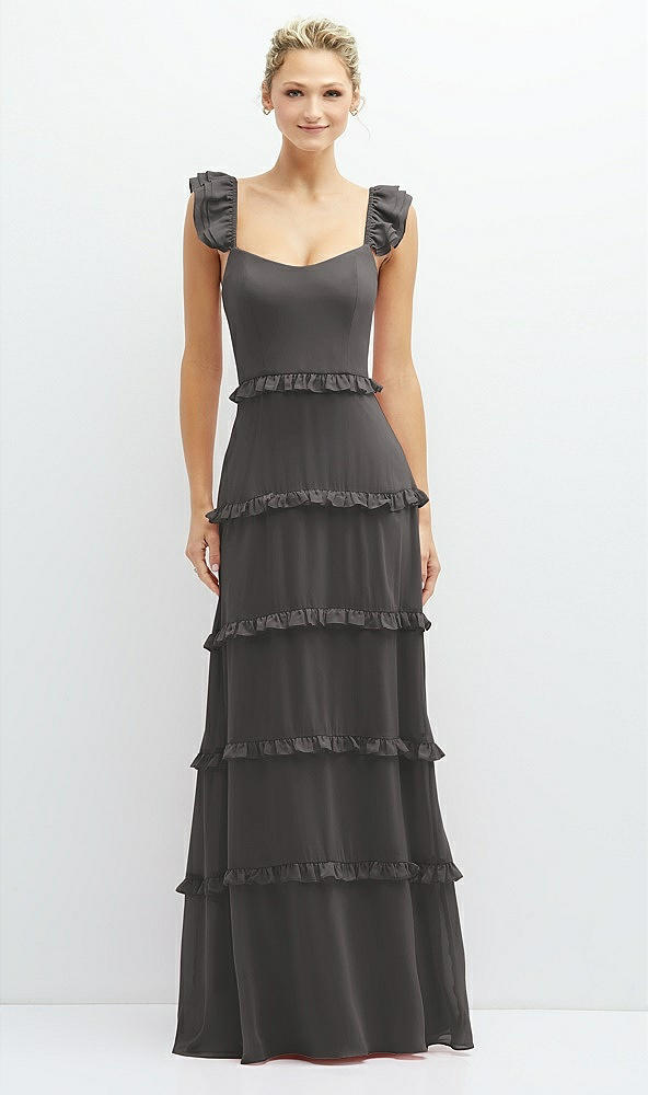 Front View - Caviar Gray Tiered Chiffon Maxi A-line Dress with Convertible Ruffle Straps
