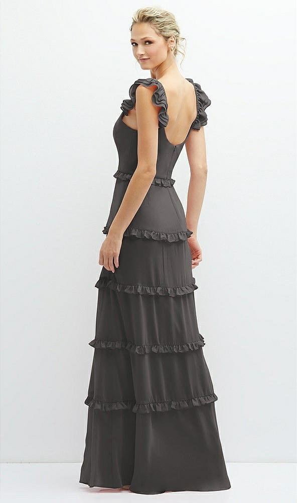 Back View - Caviar Gray Tiered Chiffon Maxi A-line Dress with Convertible Ruffle Straps