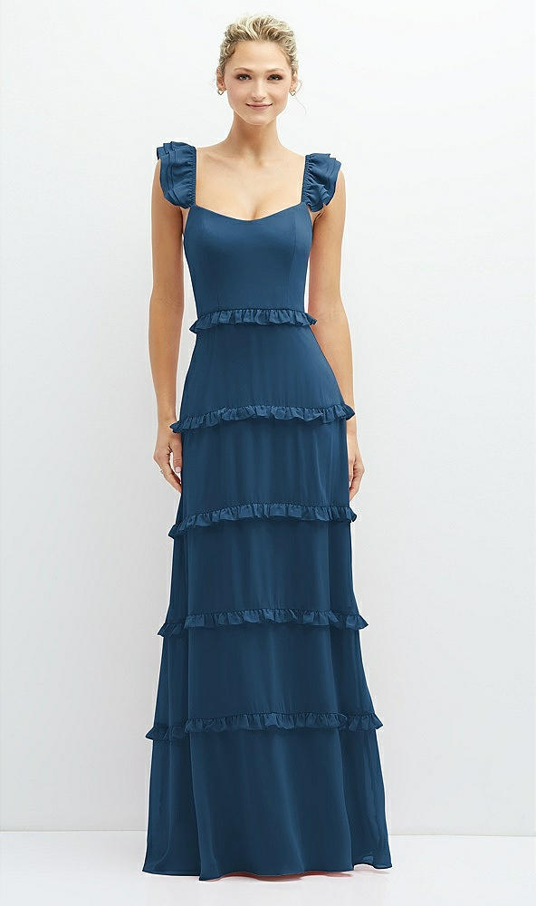 Front View - Dusk Blue Tiered Chiffon Maxi A-line Dress with Convertible Ruffle Straps