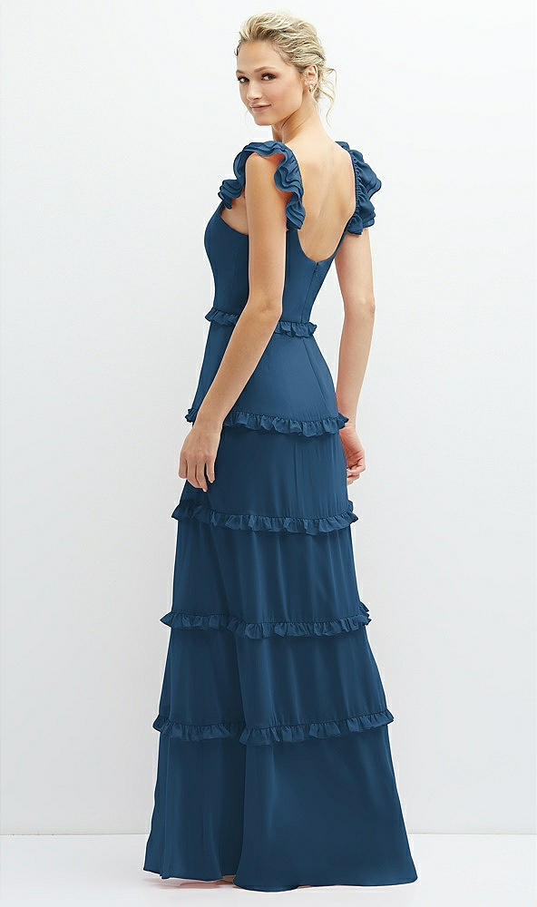 Back View - Dusk Blue Tiered Chiffon Maxi A-line Dress with Convertible Ruffle Straps