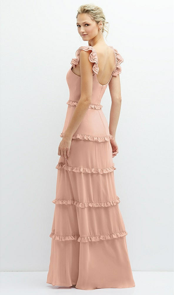 Back View - Pale Peach Tiered Chiffon Maxi A-line Dress with Convertible Ruffle Straps