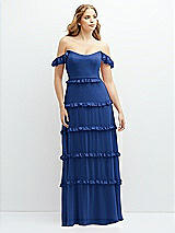 Alt View 1 Thumbnail - Classic Blue Tiered Chiffon Maxi A-line Dress with Convertible Ruffle Straps