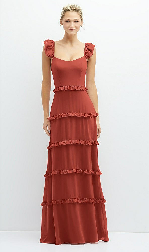 Front View - Amber Sunset Tiered Chiffon Maxi A-line Dress with Convertible Ruffle Straps