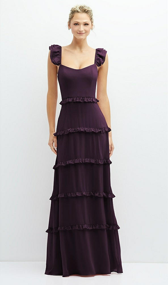 Front View - Aubergine Tiered Chiffon Maxi A-line Dress with Convertible Ruffle Straps