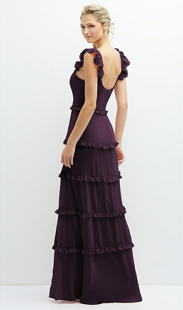 Back View - Aubergine Tiered Chiffon Maxi A-line Dress with Convertible Ruffle Straps