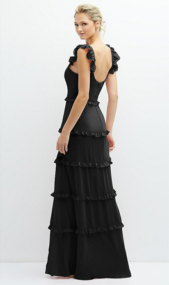 Back View - Black Tiered Chiffon Maxi A-line Dress with Convertible Ruffle Straps