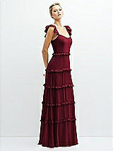 Side View Thumbnail - Burgundy Tiered Chiffon Maxi A-line Dress with Convertible Ruffle Straps
