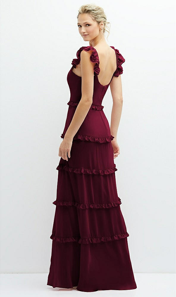 Back View - Cabernet Tiered Chiffon Maxi A-line Dress with Convertible Ruffle Straps