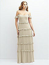 Alt View 1 Thumbnail - Champagne Tiered Chiffon Maxi A-line Dress with Convertible Ruffle Straps
