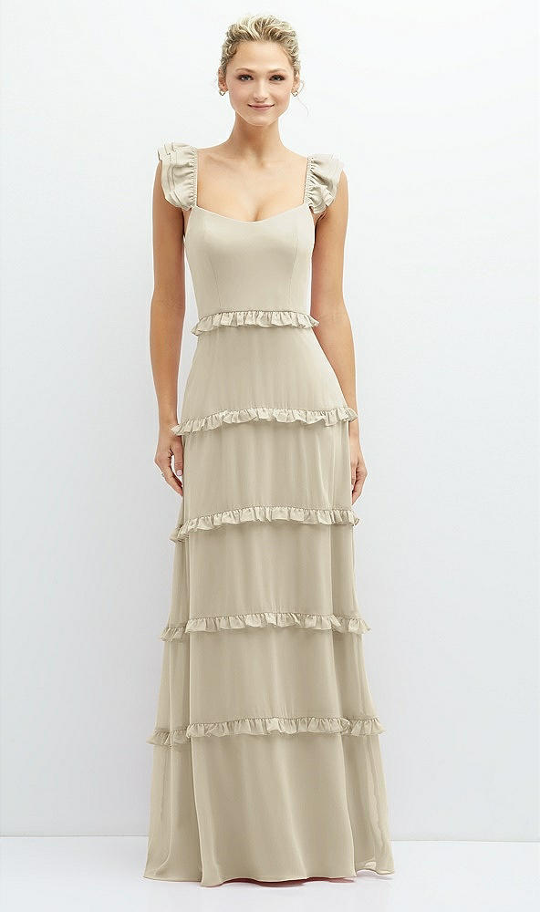 Front View - Champagne Tiered Chiffon Maxi A-line Dress with Convertible Ruffle Straps
