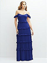 Alt View 1 Thumbnail - Cobalt Blue Tiered Chiffon Maxi A-line Dress with Convertible Ruffle Straps