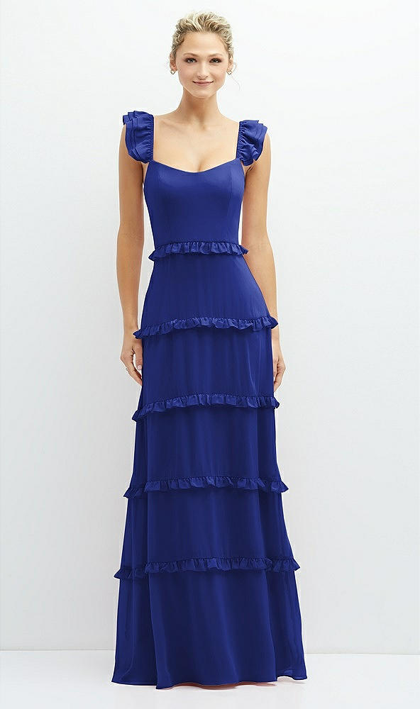 Front View - Cobalt Blue Tiered Chiffon Maxi A-line Dress with Convertible Ruffle Straps