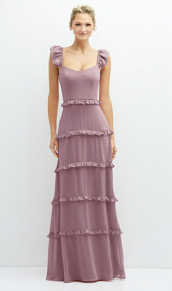 Front View - Dusty Rose Tiered Chiffon Maxi A-line Dress with Convertible Ruffle Straps