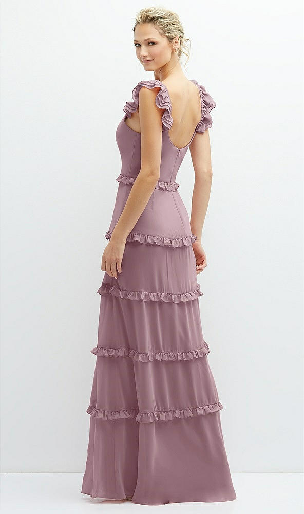 Back View - Dusty Rose Tiered Chiffon Maxi A-line Dress with Convertible Ruffle Straps
