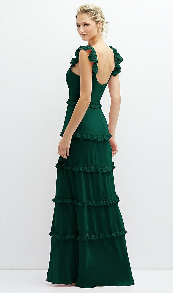 Back View - Hunter Green Tiered Chiffon Maxi A-line Dress with Convertible Ruffle Straps