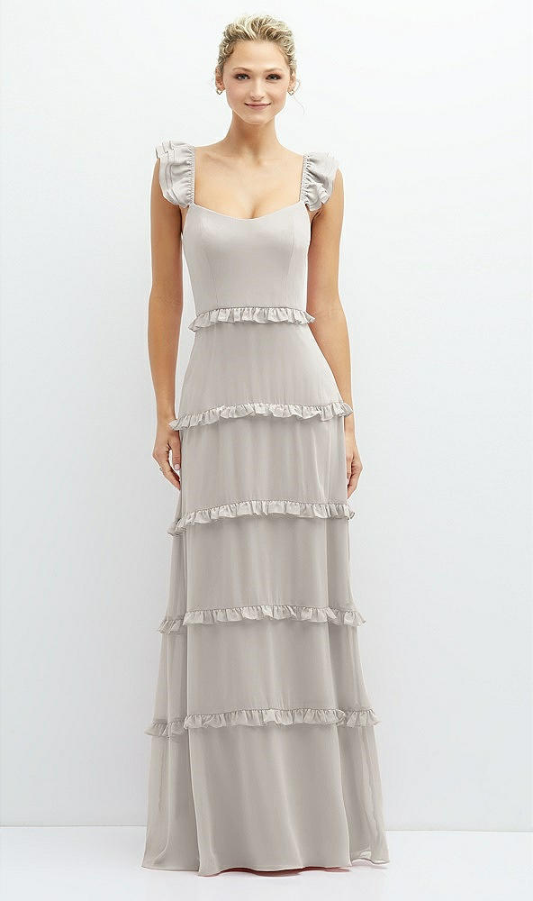 Front View - Oyster Tiered Chiffon Maxi A-line Dress with Convertible Ruffle Straps
