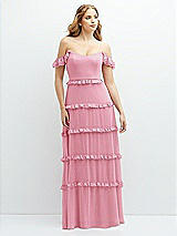 Alt View 1 Thumbnail - Peony Pink Tiered Chiffon Maxi A-line Dress with Convertible Ruffle Straps