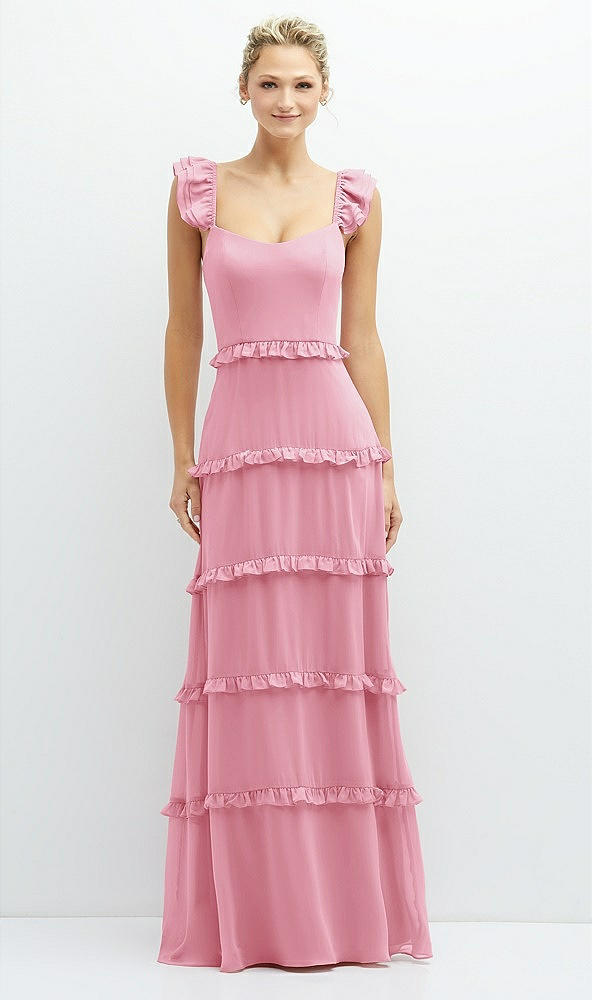 Front View - Peony Pink Tiered Chiffon Maxi A-line Dress with Convertible Ruffle Straps