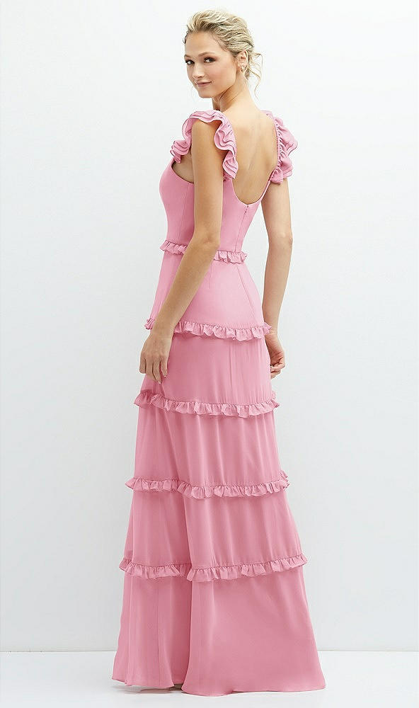 Back View - Peony Pink Tiered Chiffon Maxi A-line Dress with Convertible Ruffle Straps
