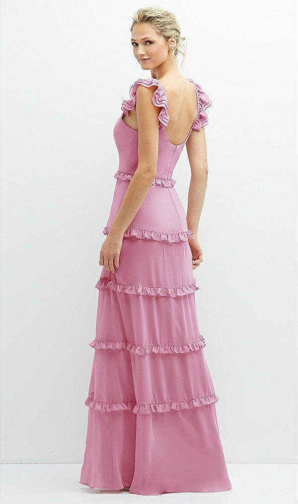 Back View - Powder Pink Tiered Chiffon Maxi A-line Dress with Convertible Ruffle Straps