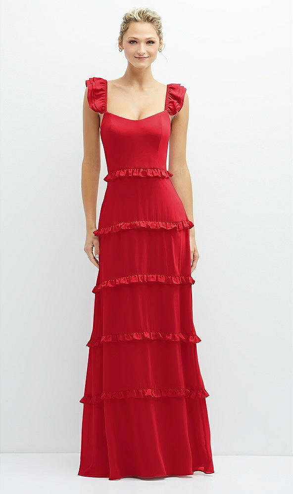 Front View - Parisian Red Tiered Chiffon Maxi A-line Dress with Convertible Ruffle Straps