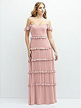 Alt View 1 Thumbnail - Rose - PANTONE Rose Quartz Tiered Chiffon Maxi A-line Dress with Convertible Ruffle Straps
