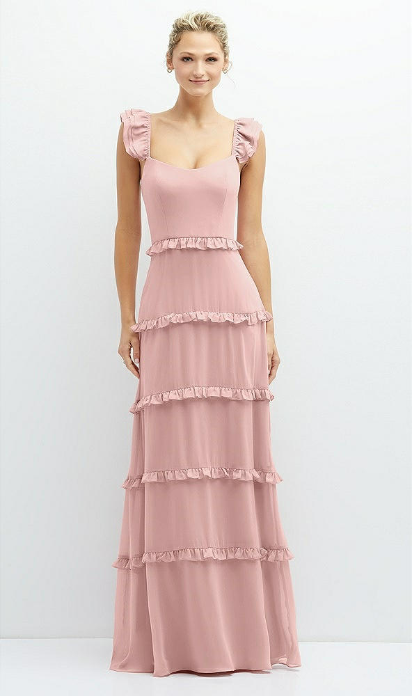 Front View - Rose - PANTONE Rose Quartz Tiered Chiffon Maxi A-line Dress with Convertible Ruffle Straps