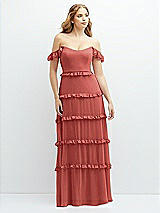 Alt View 1 Thumbnail - Coral Pink Tiered Chiffon Maxi A-line Dress with Convertible Ruffle Straps