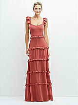 Front View Thumbnail - Coral Pink Tiered Chiffon Maxi A-line Dress with Convertible Ruffle Straps