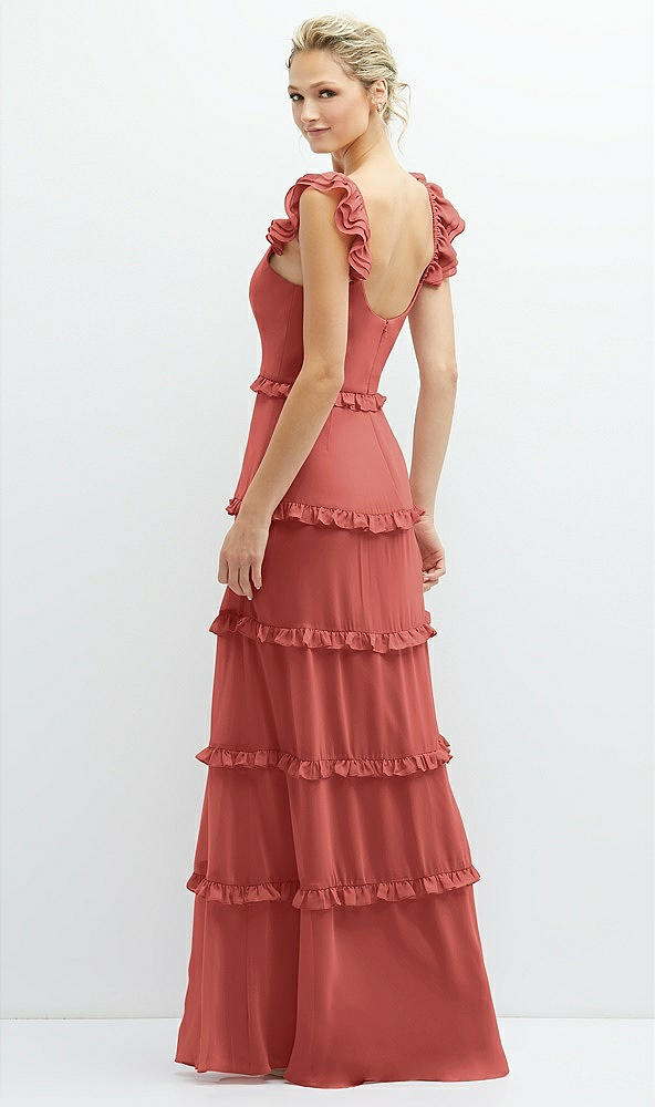 Back View - Coral Pink Tiered Chiffon Maxi A-line Dress with Convertible Ruffle Straps