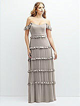Alt View 1 Thumbnail - Taupe Tiered Chiffon Maxi A-line Dress with Convertible Ruffle Straps