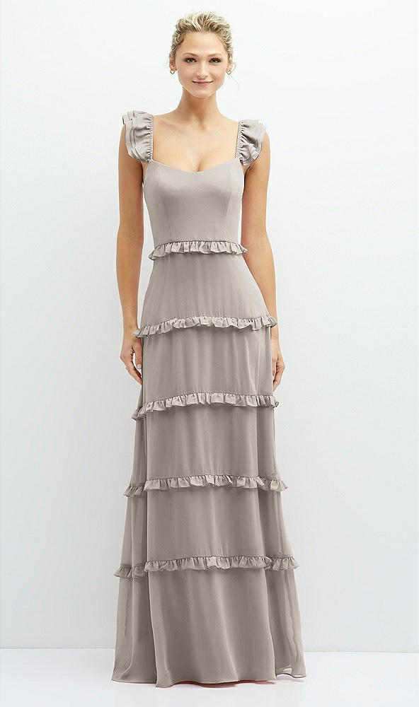 Front View - Taupe Tiered Chiffon Maxi A-line Dress with Convertible Ruffle Straps