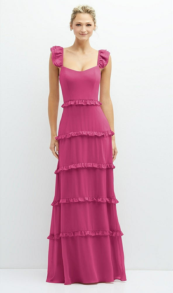 Front View - Tea Rose Tiered Chiffon Maxi A-line Dress with Convertible Ruffle Straps