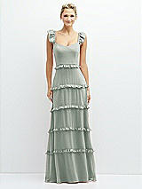 Front View Thumbnail - Willow Green Tiered Chiffon Maxi A-line Dress with Convertible Ruffle Straps