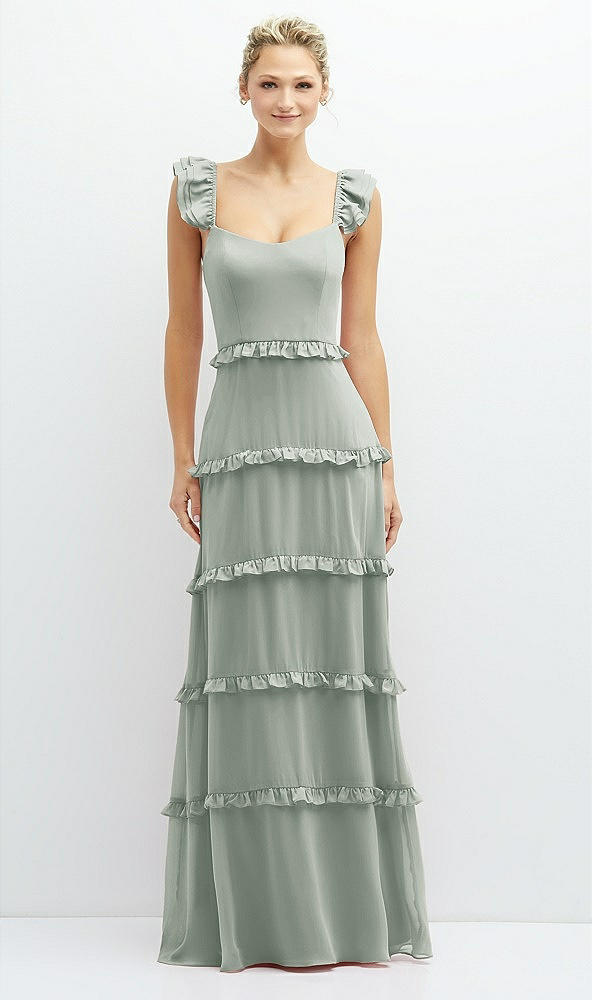 Front View - Willow Green Tiered Chiffon Maxi A-line Dress with Convertible Ruffle Straps