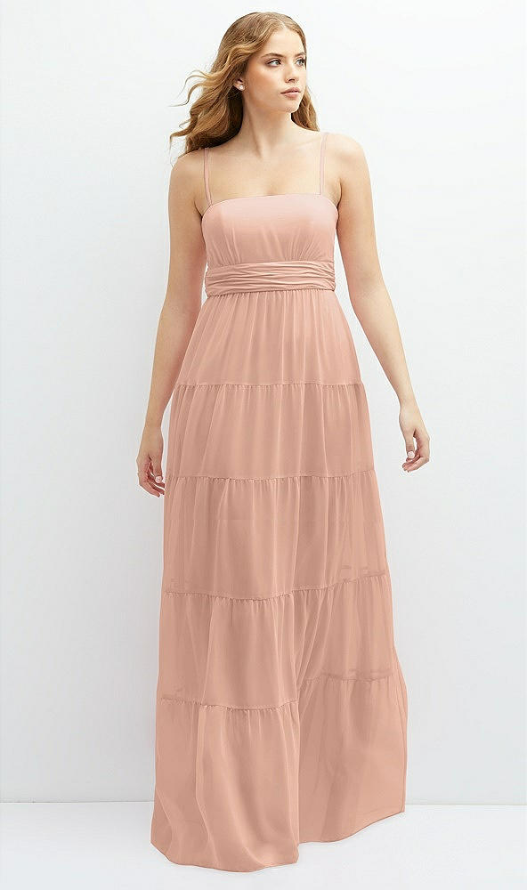 Front View - Pale Peach Modern Regency Chiffon Tiered Maxi Dress with Tie-Back