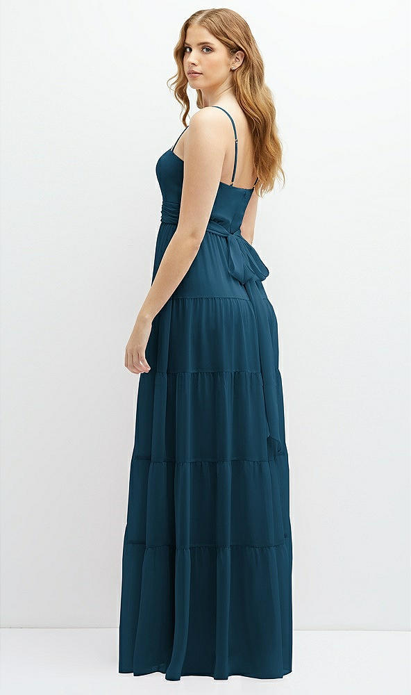 Back View - Atlantic Blue Modern Regency Chiffon Tiered Maxi Dress with Tie-Back