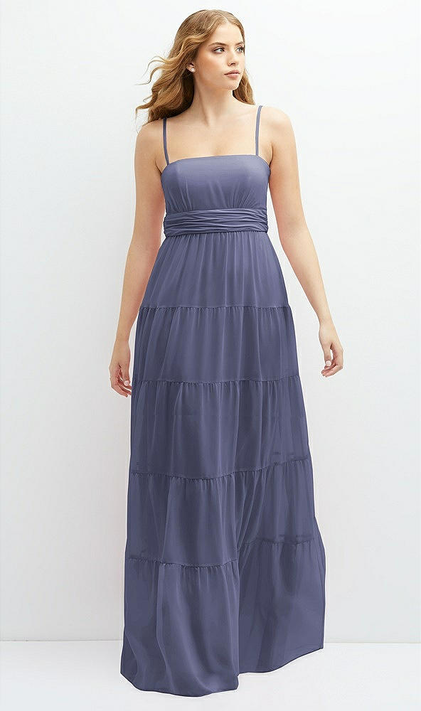 Front View - French Blue Modern Regency Chiffon Tiered Maxi Dress with Tie-Back