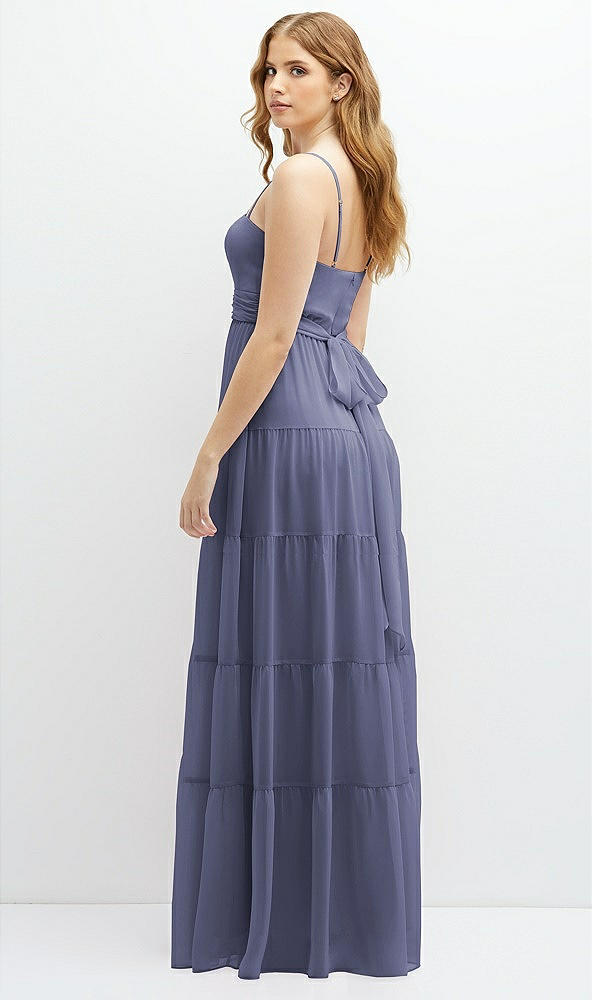 Back View - French Blue Modern Regency Chiffon Tiered Maxi Dress with Tie-Back
