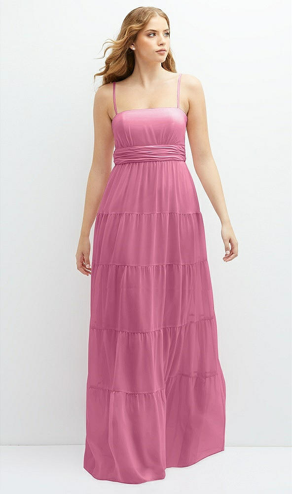 Front View - Orchid Pink Modern Regency Chiffon Tiered Maxi Dress with Tie-Back